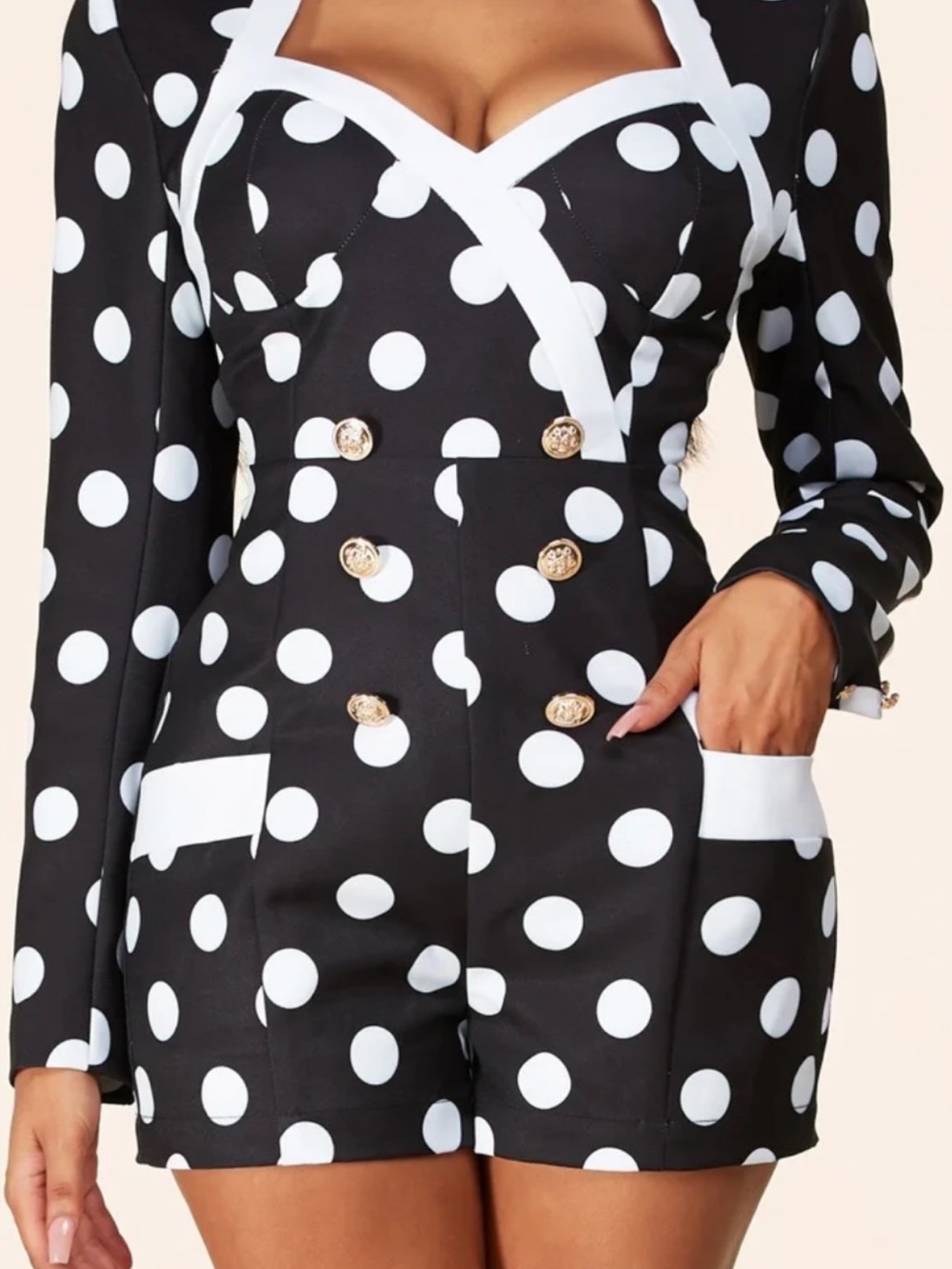L'ATISTE Black & White Polka Dot Double-Breasted Romper